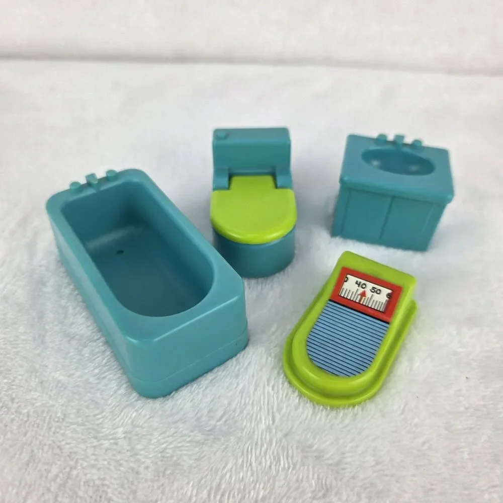 Vintage Fisher Price Little People Bathroom Set Blue Tub Sink Toilet Scale 4 Pc